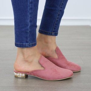 Suede Slip On Loafer Mule Pearl Accents On Heel